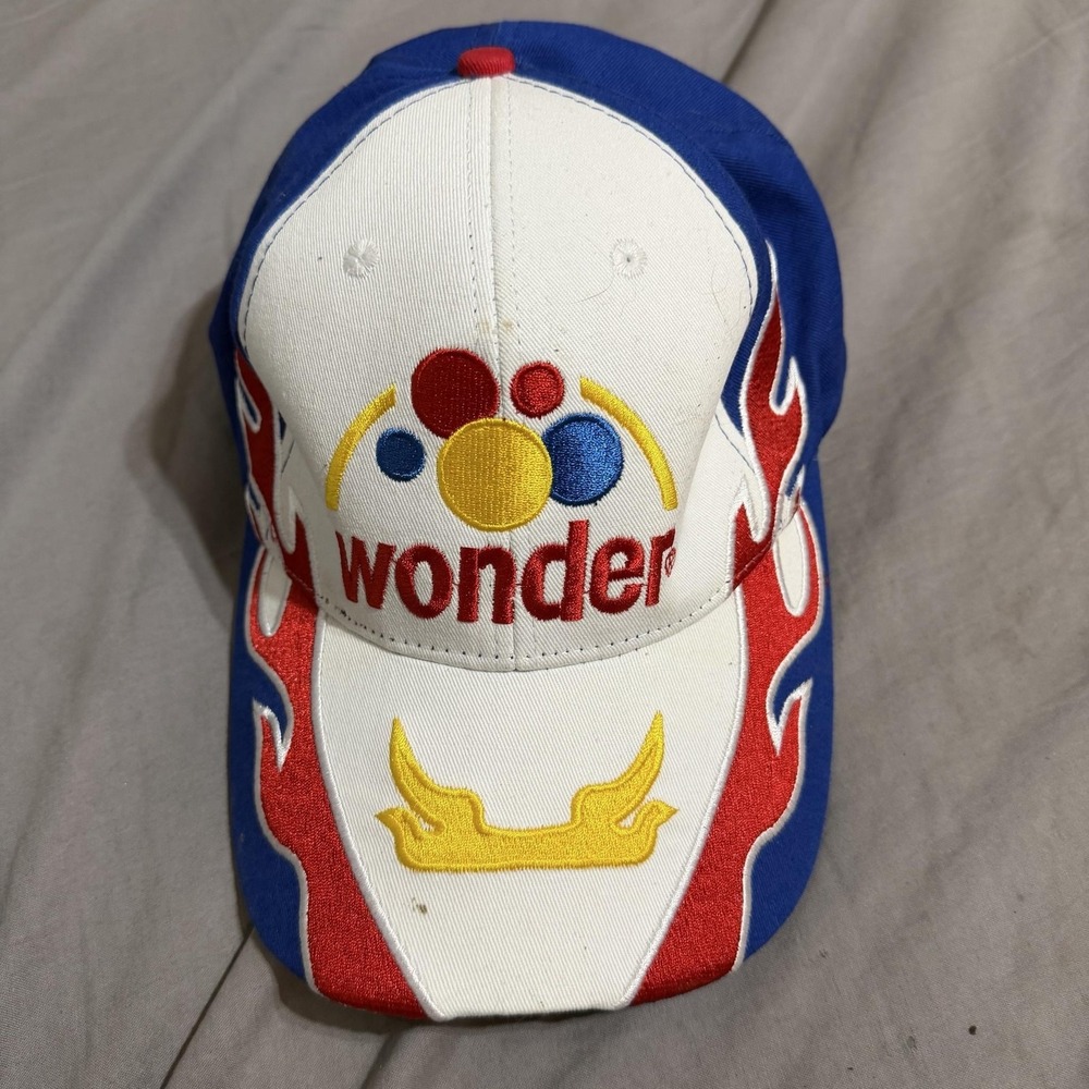 Wonder Bread 26 Hat Cap Fitted Mens 58 Blue White NASCAR Auto Racing Flames